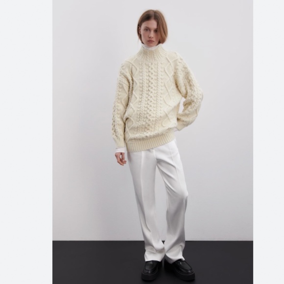 Zara White Cableknit Oversized Mock Neck Sweater Size Small-Medium - Picture 1 of 4